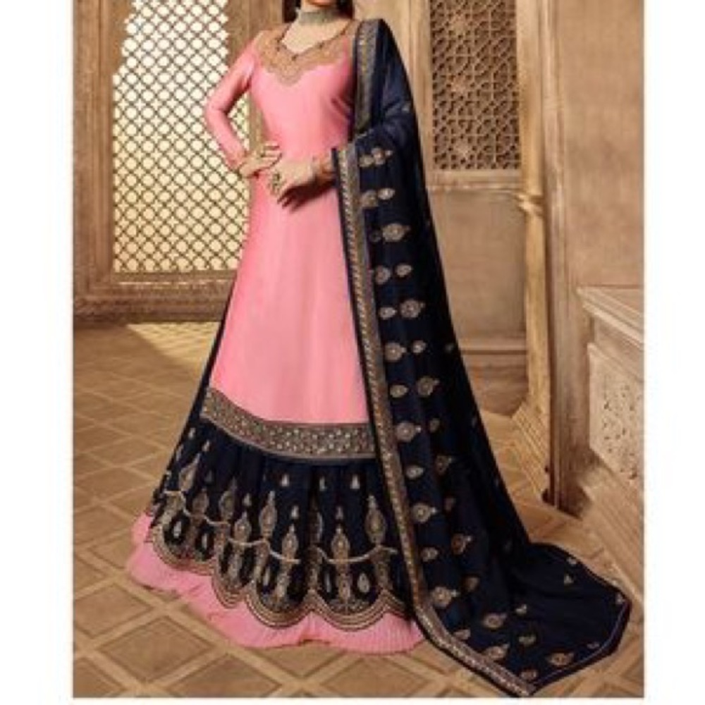Satin Pink Embroidered Long Choli Lehenga